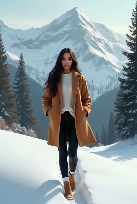 A beautiful Mexican American woman wearing a warm tan coat, black leggings with white socks and soft tan boots, on top of snow, trees and mountains