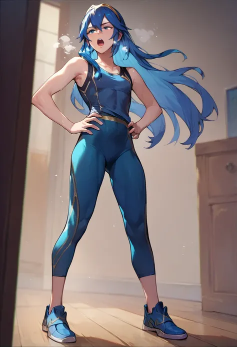 Lucina, dark blue tanktop, blue yoga pants, blue shoes, hands on hips, open mouth, out of breath, sweaty, sexy, exhuasted, steam coming out of her mouth