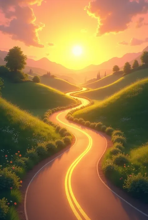 A winding road leading into a bright horizon, symbolizing the journey of faith. The road could be lit by a gentle glow, representing truth and life in Christ,
Version animada 