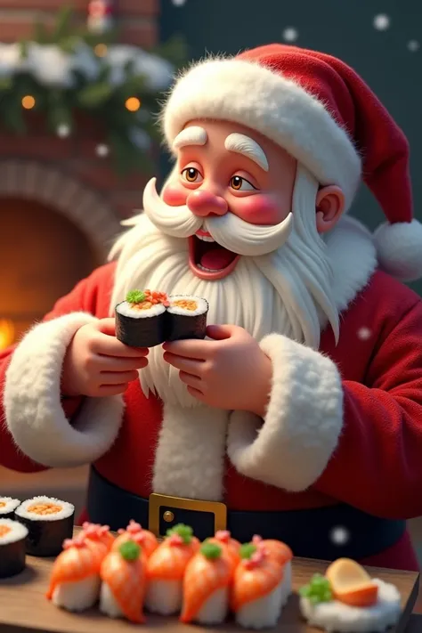 A smiling Santa Claus is eating sushi
