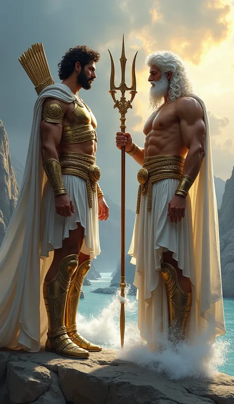 Create a photo of Apollo God of Greek mythology with his bow and arrow and his armor of War and his white cape next to him should be Poseidon God of Greek mythology carrying his trident