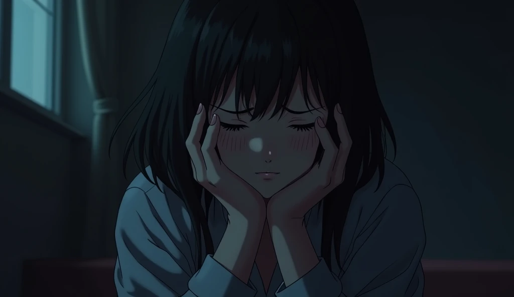  anime style:  A beautiful woman 
with borderline personality disorder sits alone in a dimly lit room, their face etched with sadness and despair. The narcissist has withdrawn, leaving them feeling abandoned and rejected. The scene should convey a sense of...