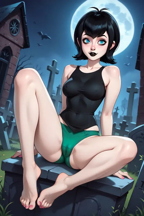 Mavis( Transylvania Hotel),  short black hair, Black Lipstick,  Blue Eyes, look at the observer ,( black tank top + green panties), barefoot, pink nail polish , sexy,  thick thighs ,pose sexy,  sitting on a headstone , cemetery, Full moon in the background...