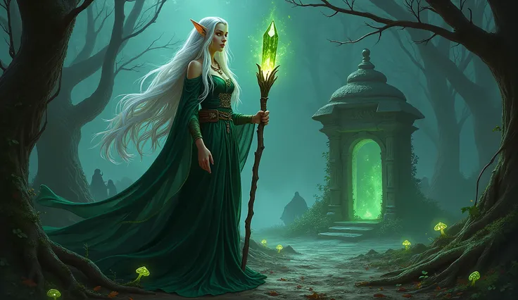 Create a highly detailed image of Lyra Moonshadow, an elven sorceress, set in a dark fantasy realm. She stands poised in a shadowy, enchanted forest, her long, flowing silver hair cascading around her shoulders, glimmering faintly in the dim light. Her eme...