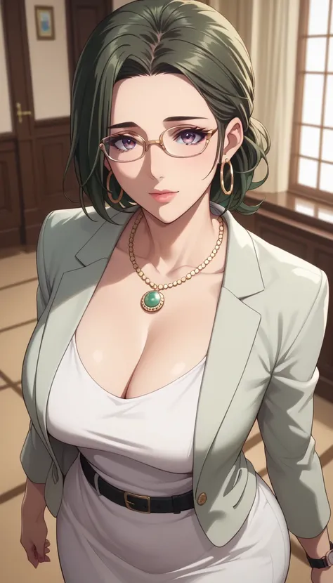 (masterpiece, best_quality:1.2), 1girl, solo, mature female, dark-green hair, medium hair, (glasses, wrist watch, hoop earrings, pendant necklace, white dress, sheath derss, light green blazer, black belt, black tights), beautiful eyes, female focus, looki...