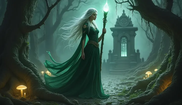 Create a highly detailed image of Lyra Moonshadow, an elven sorceress, set in a dark fantasy realm. She stands poised in a shadowy, enchanted forest, her long, flowing silver hair cascading around her shoulders, glimmering faintly in the dim light. Her eme...