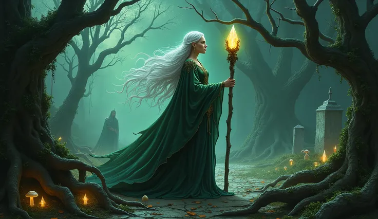 Create a highly detailed image of Lyra Moonshadow, an elven sorceress, set in a dark fantasy realm. She stands poised in a shadowy, enchanted forest, her long, flowing silver hair cascading around her shoulders, glimmering faintly in the dim light. Her eme...