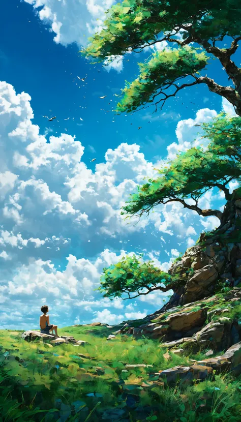 a boy sitting under a large tree near a cliff ,leftovers from the tree , watching a vast blue sky with fluffy white clouds and bright edges and brushstrokes , tall grasses stones , , makoto shinkai cyril rolando, anime art wallpaper 4k , anime art wa...