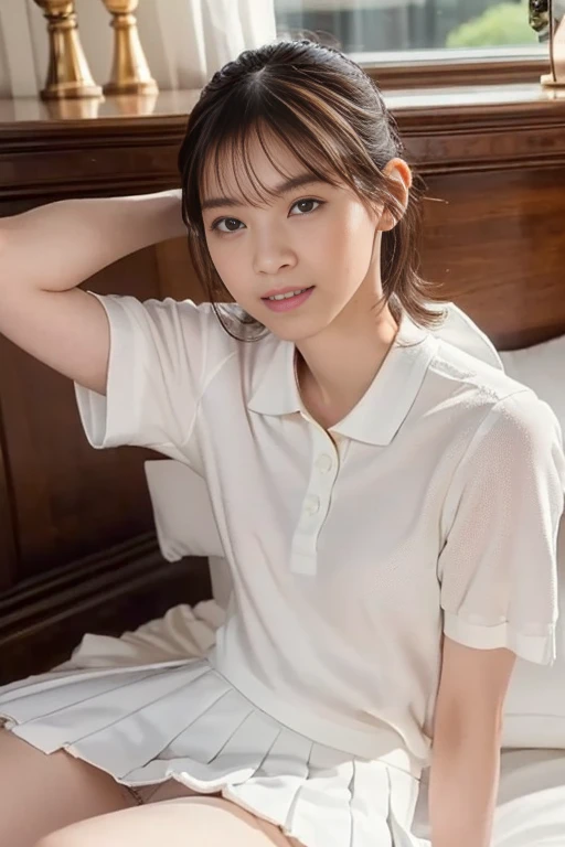 (Masterpiece, Best quality: 1.4), (Ultra realistic, Photo-realistic: 1.2), From above, From side, Sitting, Looking at viewer, Natural light, 28 years old actress, Japanese women, Neat and clean, ((Wearing white tennis uniform, White short-sleeve polo shirt...