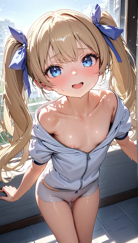 ( Masterpiece,  top quality, Unity, 8k), ( twin tails),  hair ribbon, Beautiful blonde, detailed hair,very long hair, blue eye,輝く瞳,Princess Eye, baby face:1.2, (fitted white hoodie, fitted white shorts,  camel toe,The zipper is half down) ,((Lighting Front...