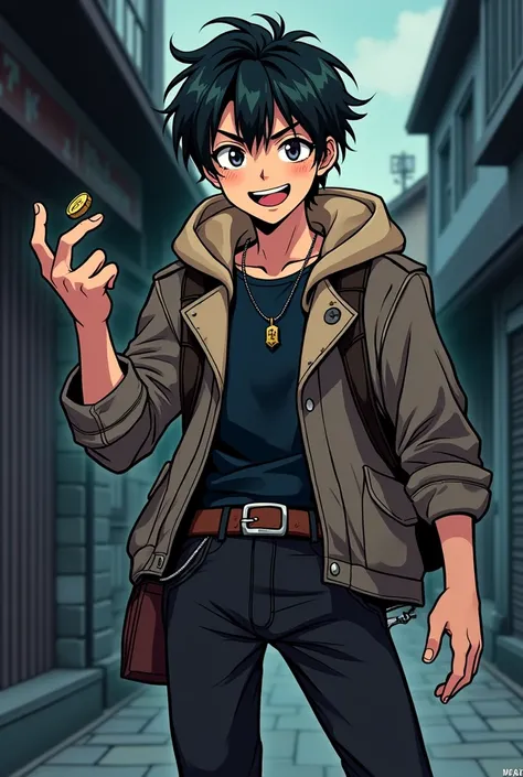 Create a full manga-style image of a 15-year-old male thief with a playful yet mischievous attitude. He has short, tousled hair and a wide, confident smile that exudes cheekiness and charm. His eyes are sharp and full of energy, reflecting his youth and da...