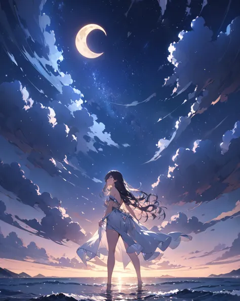 {fantasy theme}, star(symbol),scenery, moon, sky, star (sky), 1girl, solo, alone, standing,horizon, sea, long hair, ornaments, outdoors, starry sky, solo, crescent moon, cloud, gradient, masterpiece, best quality, ultra detailed