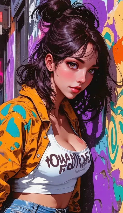 ((wide shot, full body : 1.6)), purple : 1.5, orange : 1.1, green : 1.3, white : 1.3, yellow : 1.3, (Rapper girl with scary hair, very detailed eyes and body and beautiful, loose and baggy clothes. wide overall shot of the girl, text on the wall seen in th...