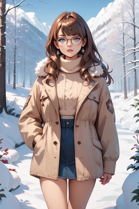  1 girl,  long hair,  smiles, Brown Hair,  high definition , In the snow，masterpiece,  Legs Out of Frame,  blue eyes,  wearing glasses , 