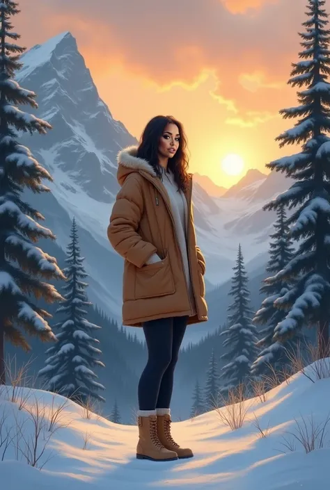 A beautiful Mexican American woman wearing a warm tan coat with a hood on her head, black leggings with white socks and soft tan boots, on top of snow, trees and mountains with the sun rising, feeling sad and alone