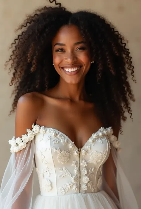  An eighteen-year-old black woman  , dark brown eyes , long curly dark brown hair smiling in her beautiful white dress , long embroidered with white roses  ,  with an outgoing personality  ,Are you proud of your black skin  