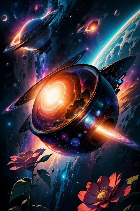 (8k, RAW photo, highest quality, masterpiece:1.2), high-definition poster art design, psychedelic illustration, ((幻想的な花畑 spreading across outer space, colorful flowers and falling petals, planet backdrop)), graphic space background art, space illustration,...