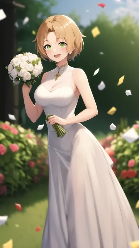 masterpiece, best quality, high quality, girl, solo, looking at viewer, rudeus_greyrat, large breasts, wedding Dress, standing, garden, confetti, holding bouquet, smile, open mouth,