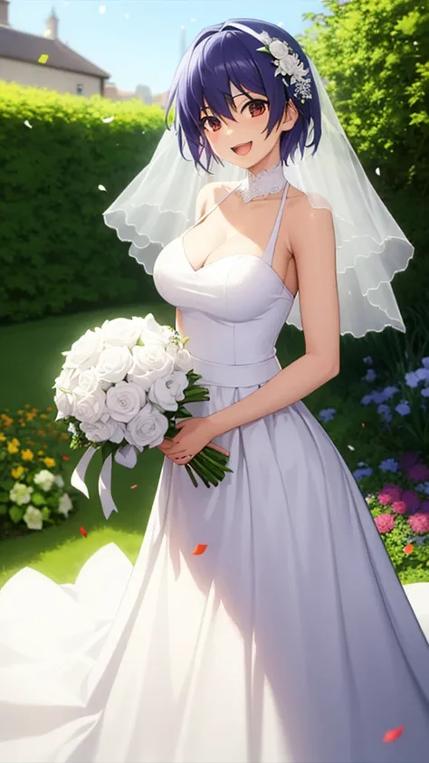 masterpiece, best quality, high quality, girl, solo, looking at viewer, itsuka_shidou, large breasts, wedding Dress, standing, garden, confetti, holding bouquet, smile, open mouth,