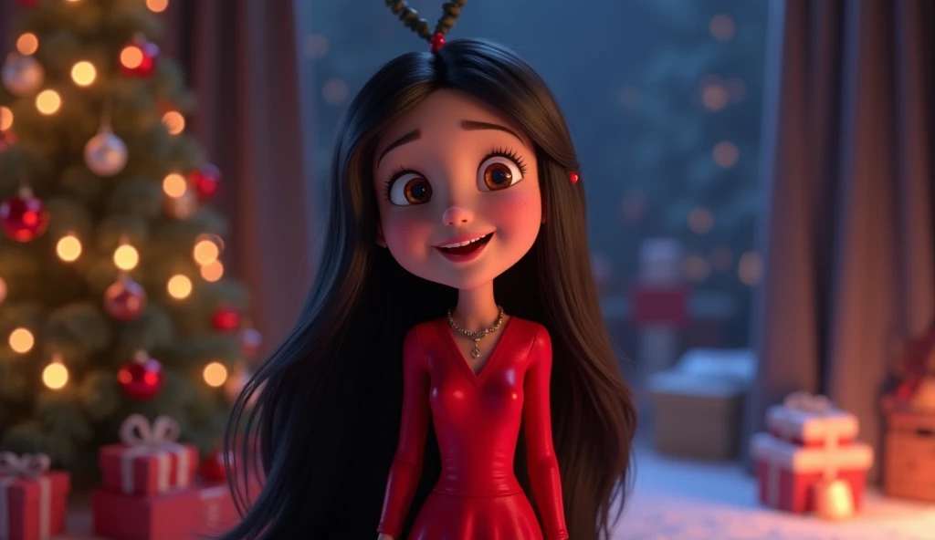 Alice, long hair, black, bright eyes, with a red dress, in a Christmas setting, says goodbye to the viewers with a warm smile, in clousep, with an image of the channels logo (Tales of the Kingdom) appearing in the background

3D image pixar 16:9 aspect rat...