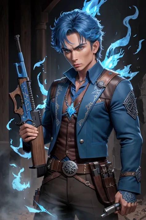 A magic pistol made from dark oak wood and blue steel, with runes on the guns grip. Surrounded by blue flames. Only show the gun.