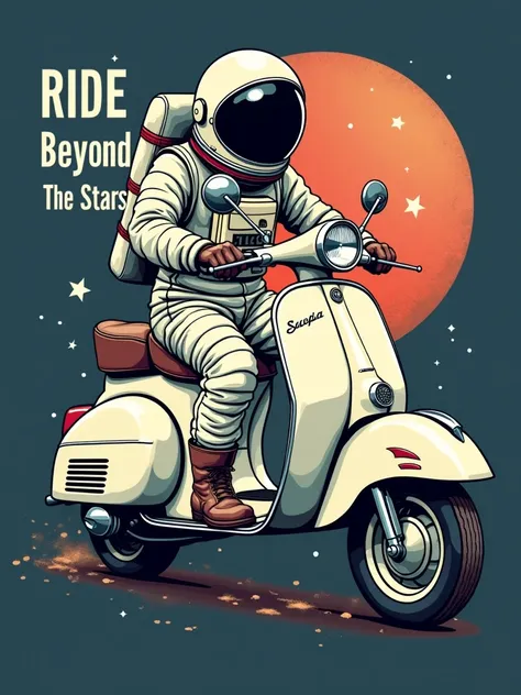 Create a vintage retro-style illustration of an astronaut riding a Vespa scooter. The astronaut should be in full gear, but with a relaxed, cool attitude, symbolizing freedom and adventure. The Vespa should have a classic design, capturing the nostalgic fe...