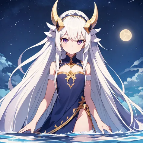 There is water， short tall girl with long white hair and modest breasts with small horns，Winter Sky in the Sea of the Moon ， high image quality， Fabric that is thin enough to be seen through 