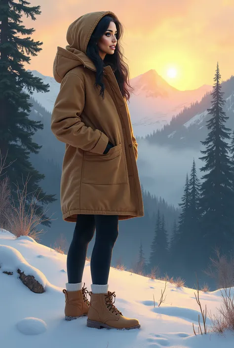 A beautiful Mexican American woman wearing a warm tan coat with a hood on her head, black leggings with white socks and soft tan boots, on top of snow, trees and mountains with the sun rising, feeling sad and alone