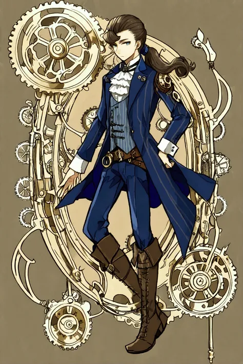 (Detailed), (((normal boy))), ((pelo negro  Ponytail hairstyle )), (( Ponytail hairstyle )), (calm face), ((brown boots)), ((( full body))), ((male)), (black and blue suit), ((solo una persona)), ((steampunk)), ((((solo una persona)))),