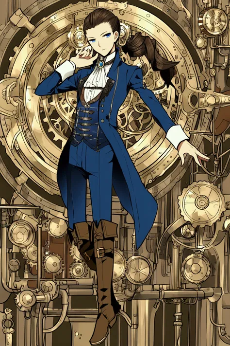 (Detailed), (((normal boy))), ((pelo negro  Ponytail hairstyle )), (( Ponytail hairstyle )), (calm face), ((brown boots)), ((( full body))), ((male)), (black and blue suit), ((solo una persona)), ((Steampunk setting)), ((((solo una persona)))),