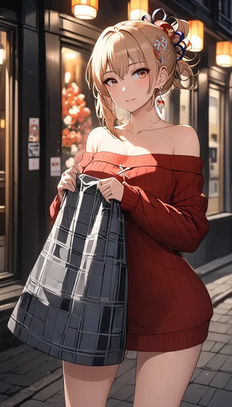 1 women, BREAK bare shoulders, collarbone, dress, long sleeves, off shoulder, off-shoulder dress, off-shoulder sweater, pantyhose, red sweater, sweater, sweater dress, thighs, full body, yoimiya, bangs, blonde hair, hair ornament, hair between eyes, ponyta...