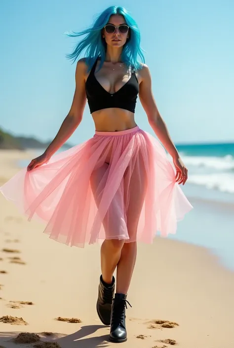 (((Full body photo from head to toe))), extremely hot woman with blue hair , She is slim and trained and has huge breasts .  She is wearing a black bikini and a slightly transparent short pink ballet ruffle skirt and her biker boots and matching Rayben sun...