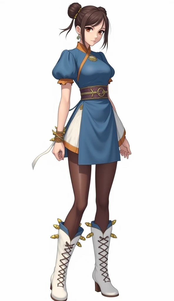 a hiperealistic image of 1girl, chun-li, solo, spiked_bracelet, jewelry, double_bun, bracelet, china_dress, spikes, chinese_clothes, pantyhose, dress, hair_bun, brown_hair, bun_cover, pelvic_curtain, full_body, boots, sash, puffy_sleeves, short_sleeves, pu...