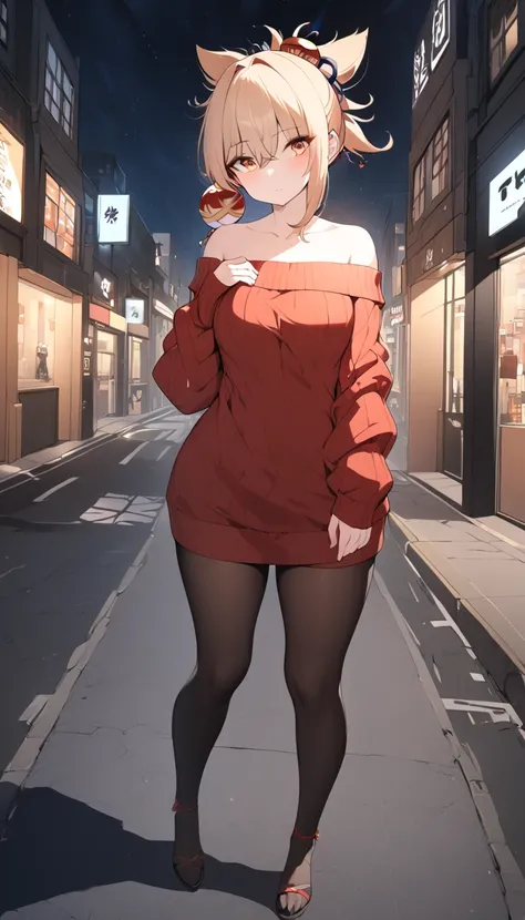 1 women, BREAK bare shoulders, collarbone, dress, long sleeves, off shoulder, off-shoulder dress, off-shoulder sweater, pantyhose, red sweater, sweater, sweater dress, thighs, full body, yoimiya, bangs, blonde hair, hair ornament, hair between eyes, ponyta...