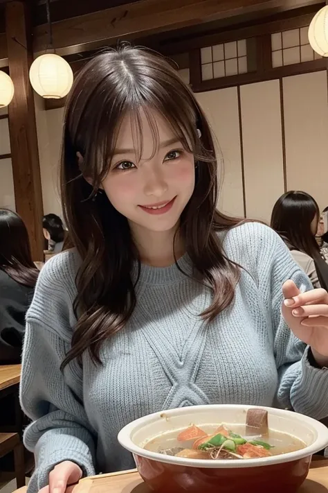 at Japanese restaurant, crowded with many customers, brightly lit interior, having a dinner together, dressed in warm sweater, neat fashion, clean appearance, sitting on a table seating, "nabe(Japanese hot pot)" in the center of the table, steam rising abo...