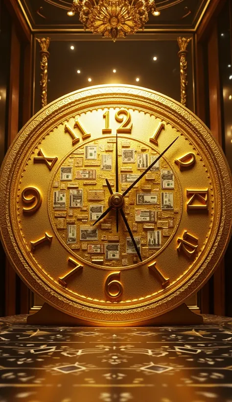 a large clock made with gold bars in which the numbers are bills and coins.