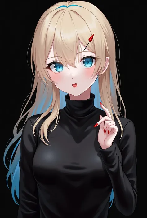 
+ Girl+Brutal face+Blonde hair+Blue hair+Blue eyes+small+Half body+Beautiful eyelashes +Red lips+Blue highlights+Long hair+Cool black turtleneck blouse+เอามือประสานกันข้างBrutal faceๆ+Red nails+ black background