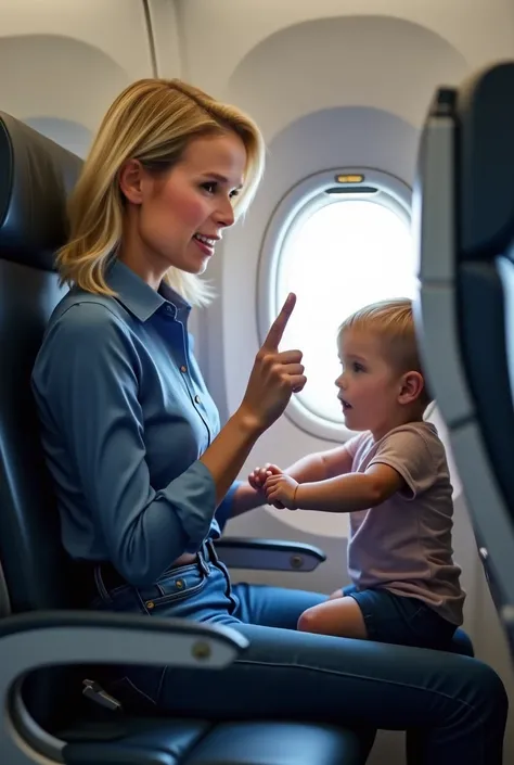 A woman with medium-length blonde hair, wearing a blue blouse and jeans, is seated in an airplane seat. She makes a shushing gesture with her finger toward a crying, tantrum-throwing  who tugs persistently at her jeans, trying to pull her out of the seat. ...