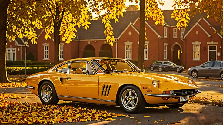 A yellow Ferrari is parked on a quiet autumn street. The cars sleek curves and shiny paint are illuminated by the warm orange light of the setting sun. Leaves of various shades of red, orange, and yellow cover the ground, creating a colorful carpet that le...