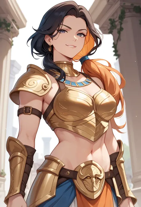 orange hair, two-tone black hair, low ponytail, golden armor, scale armor, snake eyes, greek city, thief, smirk