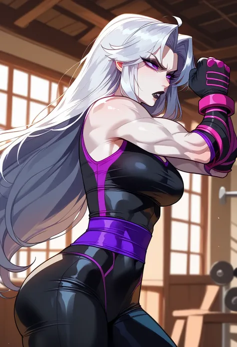 score_9, score_8_up, score_7_up, score_6_up、1girl、broad shoulders、muscular、 (( purple eyes ))、shiny hair、long hair、 silver hair、( white hair )、 ( wild hair )、( big )、 black tanktop、black pants、long legs、(( punching a punching ))、inside a gym、standing、 blac...