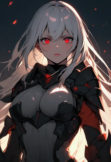 A white-haired, red-eyed, breasted woman has a job as a sexy armored fighter. 