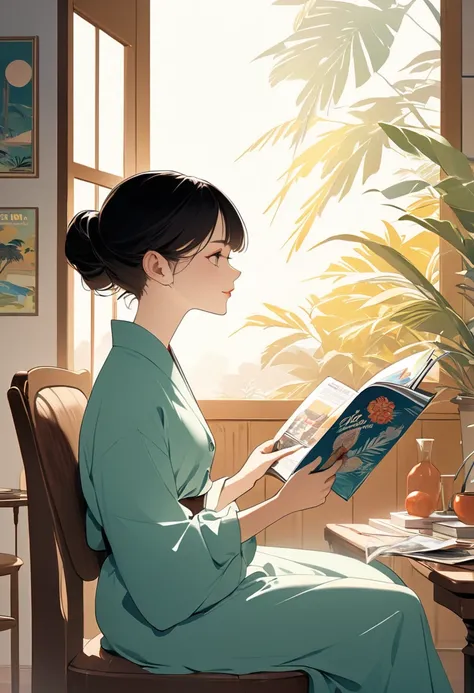 1 Japanese girl, sitting on a vintage wooden chair, reading a colorful magazine, soft shading, retro-inspired setting, warm sunlight through a window, beautiful and elegant indoor scene, art style of Bowater, 80s retro atmosphere, classic room decor, vinta...