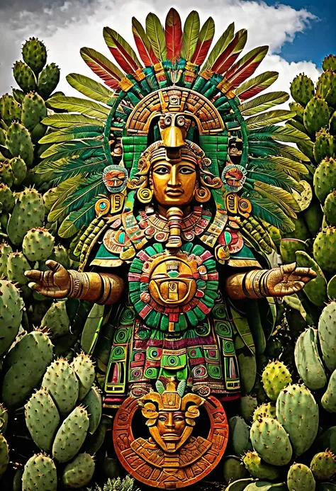  According to Aztec mythology ,  the divine sign described by Huitzilopochtli that the Mexica discovered the majestic eagle, perched on a nopal  ( prickly pear ), Devouring a snake .  This event occurred on a swampy island in the middle of Lake Texcoco ,  ...