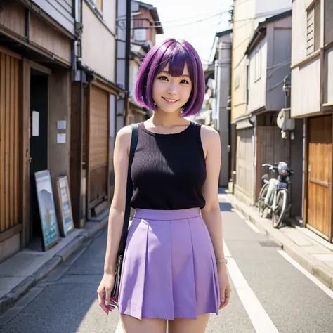 Purple bob haired happy Japanese girl in short cute skirt standing and posing in Japanese street.