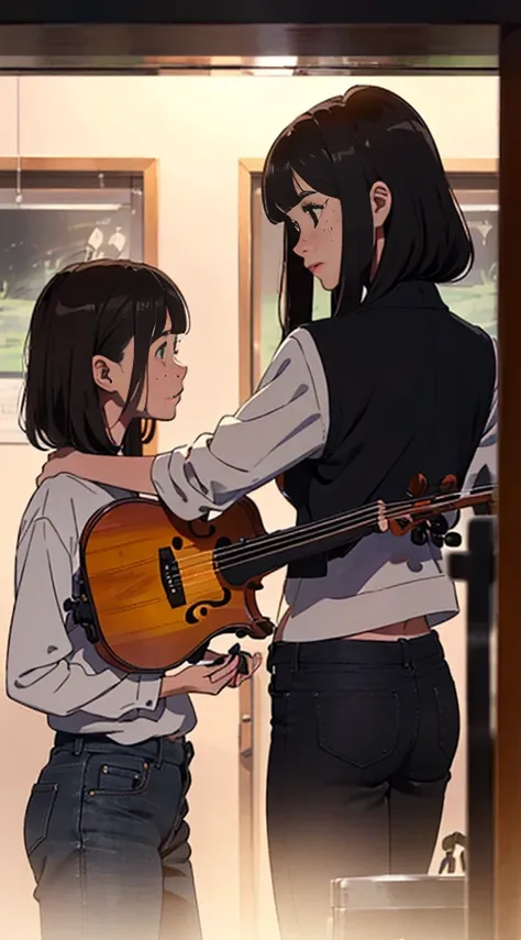  create a drawing where there is a tall girl  (1. 62 of black wolf-like hair cut from behind a little to the left with a sweater gray and black shorts,  a red electric guitar in her arms and looking forward  (something masculine ) ,  and another girl a lit...