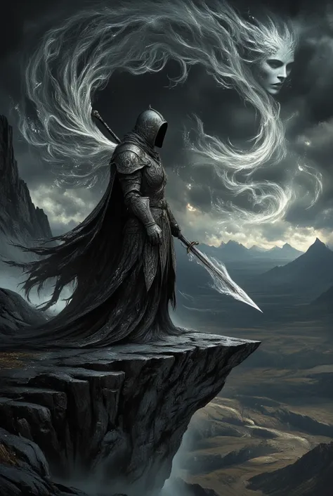 (On the precipice of a jagged cliff, a dark knight stands alone, the wind whipping his tattered cloak dramatically around him. His brooding presence is contrasted by the outspread vista of a desolate landscape below. The knight’s armor is a masterpiece of ...