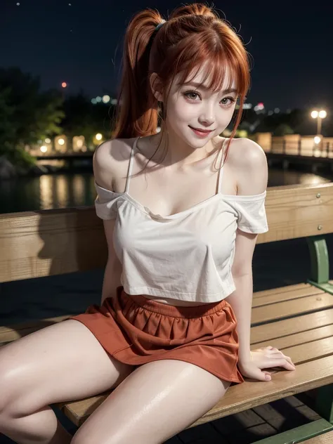 Japandish girl, pale white skin, small hazel eyes, cute, small high nose bridge, juicy lips, red hair,  ponytail hair with bang, wear off-shoulder t-shirt and mini skirt, big breast, Sitting on the bench  , full body photoshot , smiling face , at night , g...