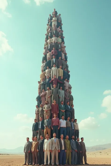 Make a stack of clothed men standing on each others shoulders until they touch the sky 