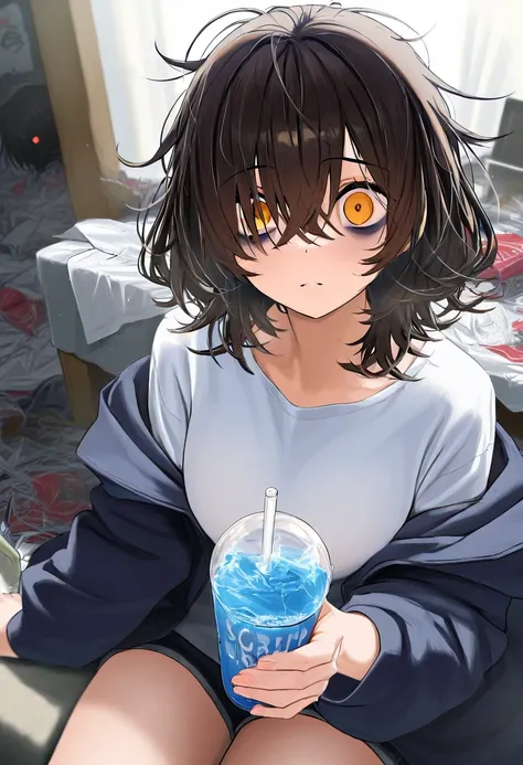 score_9,score_8_up,score_7_up,rating_safety,source_manga,masterpiece,best quality,hyper detailed,super fine illustration,8k,cinematic angle,BREAK 1girl,(crazy eyes,bugs under eyes),no face,messy hair,(holding_water drink),sitting,serious atmosphere,messy r...